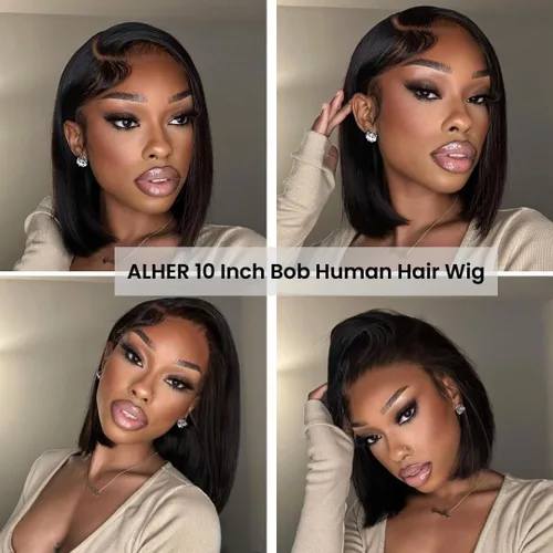 Vista 2 de ALHER Short Bob Wig Human Hair Small Cap Lace Front Wigs Straight, 13X4 Transparent Lace Frontal Wigs 180% Density for Women, Natural Color, Cap