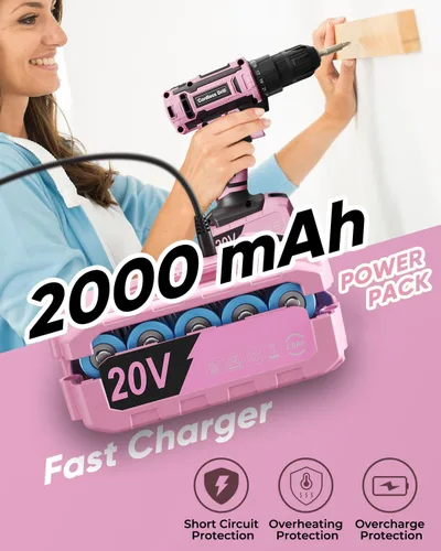 Vista 4 de Juego de taladro inalámbrico rosa, taladro eléctrico de 20 V para mujer, destornillador eléctrico ligero con paquete de energía y cargador