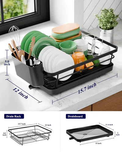 Vista 2 de Kitsure Escurridor de Platos - Escurridor de Platos Compacto con Soporte para Utensilios y Salida de Agua Ajustable, Escurridor Resistente al Óxido