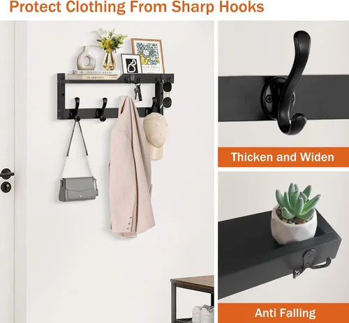 Vista 2 de dreampossible Perchero de pared con estante, perchero de pared con ganchos para llaves y soporte para correo, estante flotante de entrada de madera