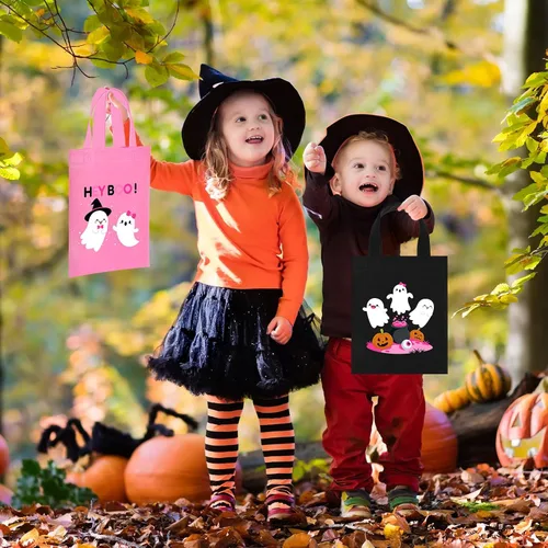 Vista 5 de Toulite 24 bolsas no tejidas de Halloween con asa a granel, bolsas reutilizables de regalo de vacaciones, fantasma, calabaza, araña, golosinas