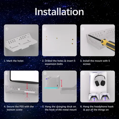 Vista 8 de Hosanwell Kit de montaje en pared PS5 con estación de carga, compatible con PS5 y PS5 Slim Disc y versión digital, estación de carga de doble uso