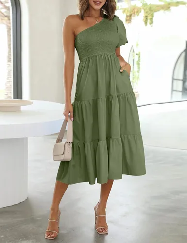 Vista 2 de Chriselda Vestido casual de manga corta con un hombro fruncido para mujer, cintura alta, con volantes, vestido midi para fiesta