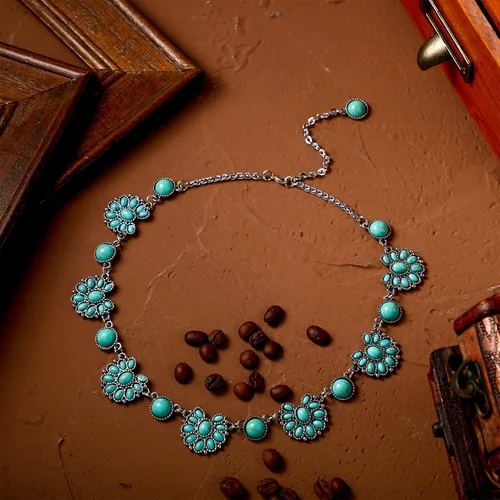 Vista 4 de Bonuci Collar con colgante de turquesa, collar largo para mujer, joyería occidental plateada, joyería boho con hebilla para mujer Verde