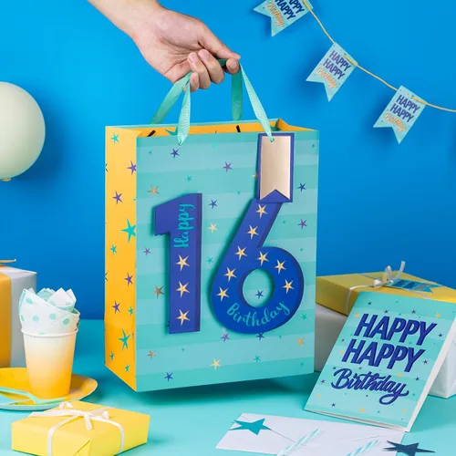Vista 4 de Loveinside Bolsa de regalo azul de cumpleaños con papel de seda, etiqueta de regalo y tarjeta de felicitación para niños, adolescentes, fiestas
