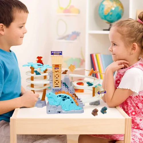 Vista 6 de Juego de pista de persecución de dinosaurios con música, tobogán de doble bucle, subir escaleras y montaña rusa, juguete educativo para niños Verde