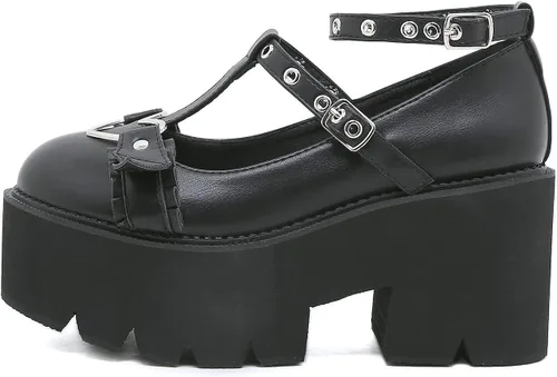 Vista 7 de Women's Black High Heel Mary Jane Platform Shoes, Gothic Kawaii Round Toe Chunky Heels Lolita Shoes, Cute Buckle Cosplay Goth Pumps