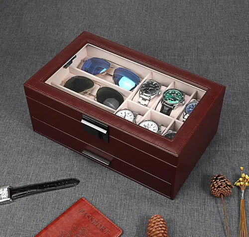 Vista 5 de LANDICI Caja de reloj para hombres y mujeres, 2 capas de piel sintética, organizador de relojes, caja de almacenamiento grande, caja de joyería
