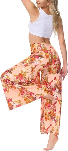 Vista 4 de Timemory Pantalones palazzo de pierna ancha para mujer holgados casuales para playa bohemio estampado floral pantalones bohemios con cinturón