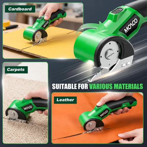 Vista 5 de Cortador de cartón, tijeras eléctricas inalámbricas recargables, cortador de caja eléctrico de 4 V con 2 cuchillas, bloqueo de seguridad y luz LED