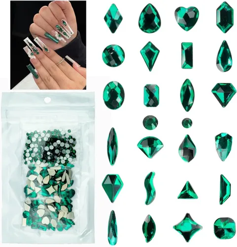 Vista 10 de Diamantes de imitación negros para uñas, 120 formas múltiples con parte trasera plana, gemas de cristales negros azabache + SS10 SS16 cuentas
