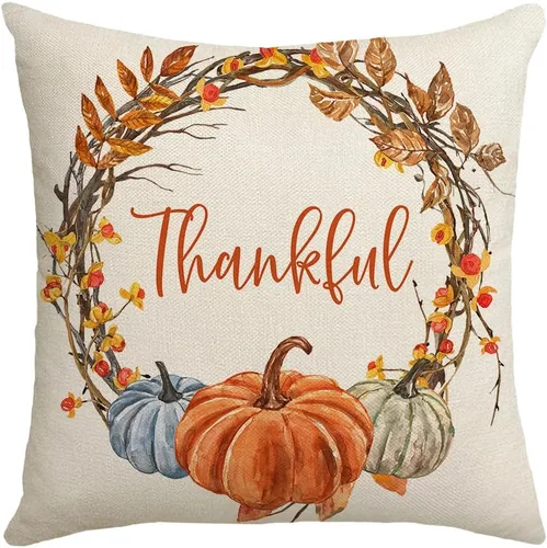 Vista 3 de Fundas de almohada de otoño con diseño de calabaza y hojas de arce naranja para el hogar, 18 x 18 pulgadas, decoración de agradecimientos bendecidos