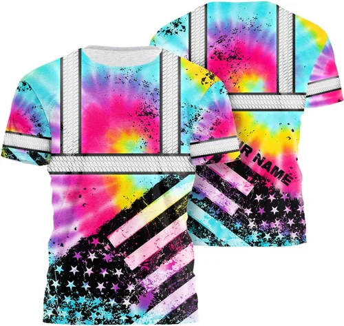 Vista 24 de Camisa de alta visibilidad de calavera con bandera de Estados Unidos para hombres, camisas de seguridad con nombre personalizado, ropa de trabajo