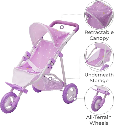 Vista 3 de Olivia's Little World Cochecito de Muñeca Bebé estilo jogging con toldo, cinturón de seguridad y espacio de almacenamiento, morado y blanco