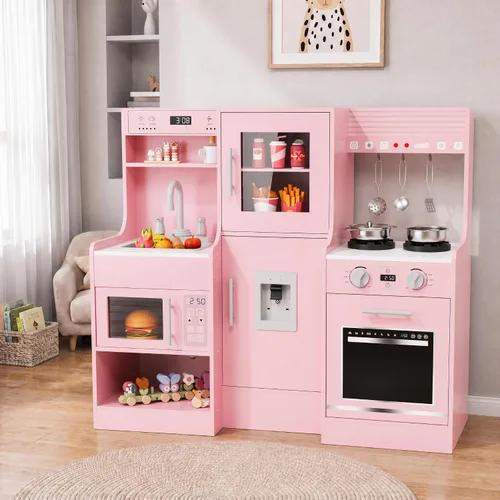 Vista 9 de MAMIZO Cocina de juego de madera para niños, juego de cocina de juguete para niños, juego de cocina interactivo grande con 6 utensilios de cocina