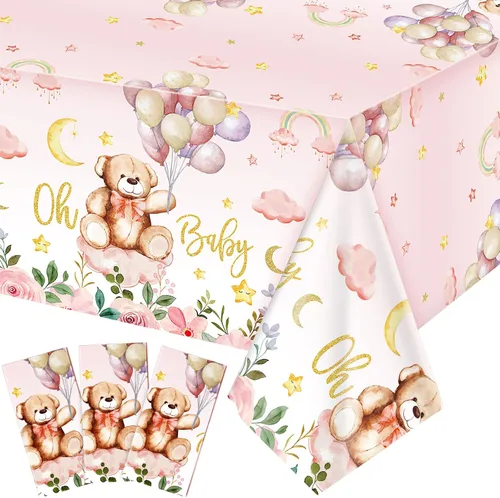 Vista 7 de Tatuo Paquete de 3 manteles rectangulares de plástico con diseño de oso para baby shower, para niños y niñas, revelación de género, cumpleaños, baby