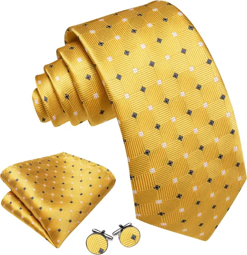 Vista 187 de Barry.Wang Juego de corbatas a cuadros para hombre con pañuelo gemelos de rayas clásicas