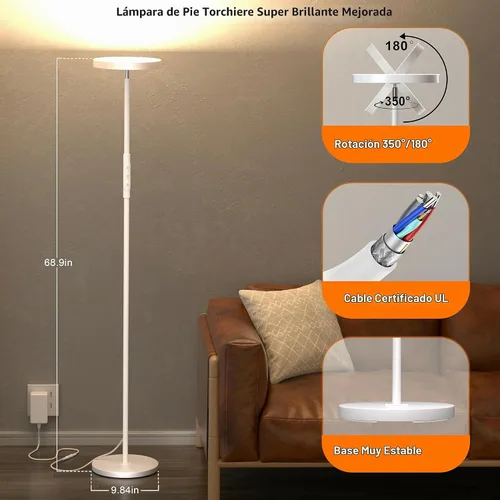 Vista 4 de Yikuneng Lámpara de pie súper brillante para sala de estar, lámpara de pie LED regulable continua con control remoto y táctil, lámpara torchiere