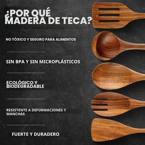 Vista 4 de Zulay Kitchen Juego de 5 cucharas de madera extragrandes - Utensilios de cocina de teca lisa - Cucharón, espátula, espumadera, tenedor, cuchara