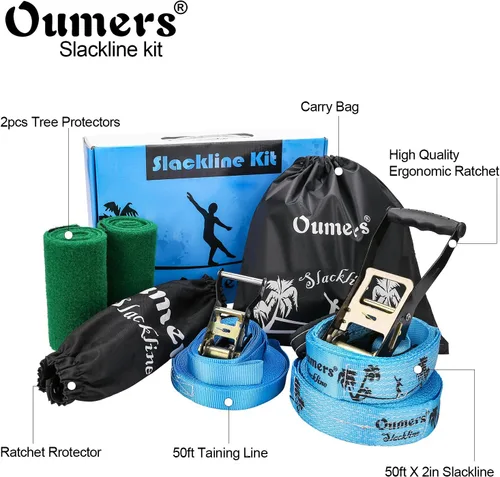 Vista 5 de Oumers Slackline Kit de regalo para principiantes con línea Blance principal de 50 pies, protector de árbol, cubierta de trinquete, bolsa