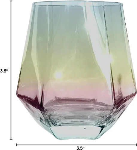 Vista 6 de Copa de vino personalizable sin tallo grabada de 11.5 onzas sin tallo grabada personalizada con mensaje, iridiscente moderno arco iris geométrico