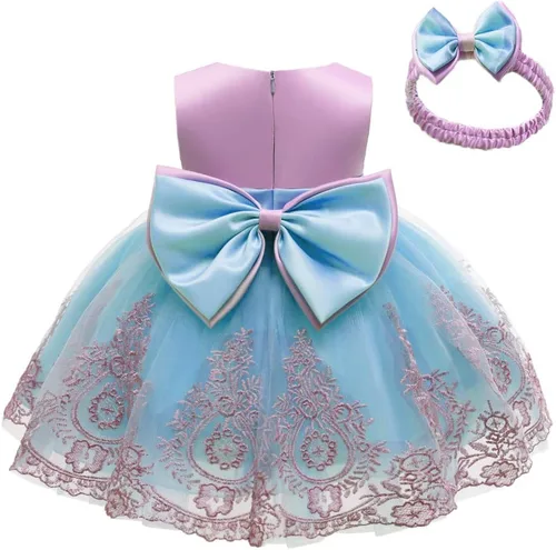 Vista 10 de 3M-6T Vestidos de Encaje con Lazo para Niñas Pequeñas Vestido de Gala Bordado para Bebé con Diadema