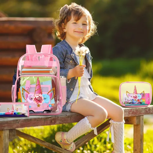 Vista 2 de Kacctyen Mochila transparente de 3 piezas, resistente y transparente, con bolsa de almuerzo, Rosado