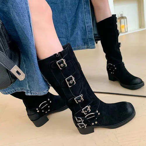 Vista 4 de Vertundy Botas altas hasta la rodilla para mujer, botas de tacón bajo grueso de pantorrilla ancha, botas vaqueras de equitación occidental, botas