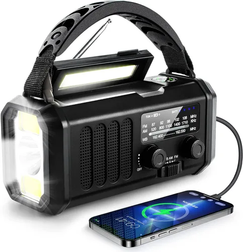 Vista 2 de Radio de emergencia con manivela de 10000 mAh, radio meteorológica NOAA con radio AM/FM y solar, batería recargable, linterna y luz de lectura