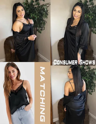 Vista 2 de Ekouaer Camisón de satén para mujer, conjunto de 2 piezas, ropa de dormir sexy de encaje