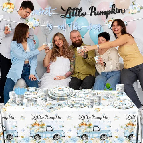 Vista 4 de Decoración de baby shower de calabaza, 142 piezas, una dulce pequeña calabaza está en camino, camión floral azul para niños, mantel desechable