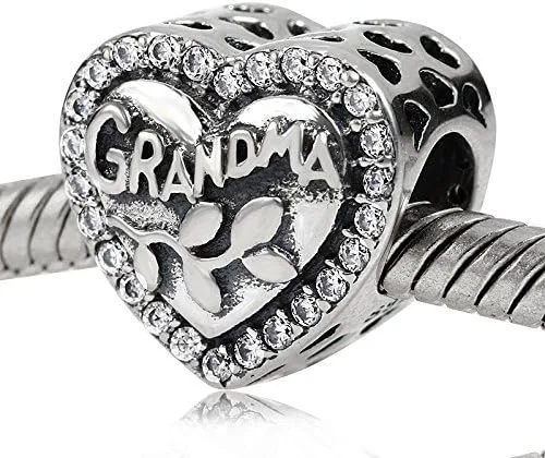 Vista 2 de Abalorio de plata de ley 925 con forma de corazón para mujer, con dije de amor a la abuela, Plata esterlina