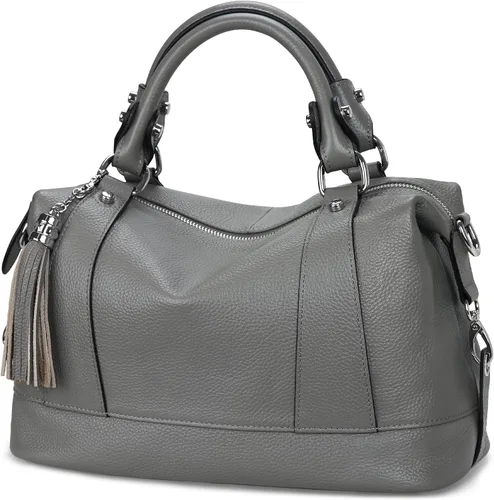 Vista 15 de Heshe Bolsos de hombro de cuero genuino para mujer, bolsos satchel, bolsos bandolera de cuero real para damas Beige