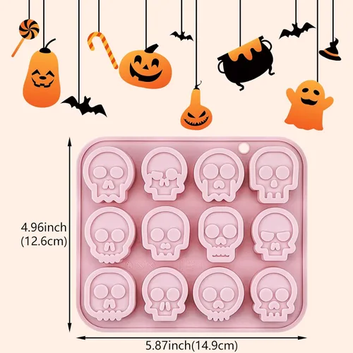 Vista 2 de 2 moldes de silicona de calavera de Halloween, 12 cavidades con forma de calavera, molde de fondant, lindo molde decorativo de chocolate