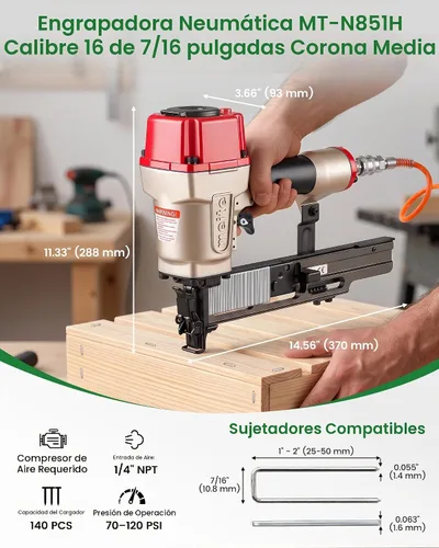 Vista 2 de meite Engrapadora de corona estándar de calibre 16 de 7/16 pulgadas, pistola de grapas neumática de construcción resistente para subsuelo