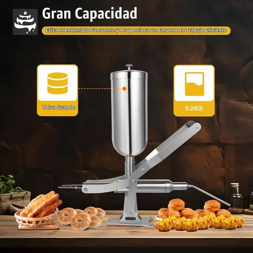 Vista 3 de Máquina de llenado manual de churrera churros 5L Donuts españoles Postre Churro Makers Máquina de llenado de mermelada de chocolate de acero