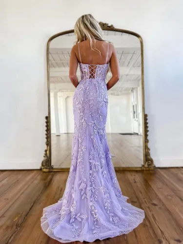 Vista 2 de TIRAS Vestidos de fiesta de sirena con tirantes delgados y apliques de encaje para mujer, vestido largo de tul 2023, vestido formal de noche CM177