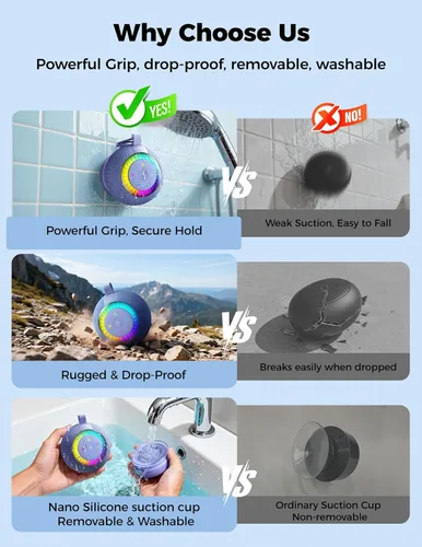 Vista 6 de Altavoz de ducha Bluetooth impermeable portátil: sonido envolvente de 360°, ventosa IPX7 extraíble con perilla de escape al vacío, 2 en 1, luces