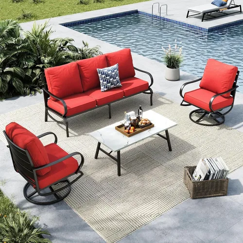 Vista 26 de MFSTUDIO Juegos de muebles de patio, sofás de conversación de metal para exteriores con 1 sofá de 3 asientos para jardín, cojín beige