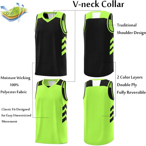 Vista 3 de KXK Camiseta de baloncesto reversible para hombre, sin mangas, uniforme de equipo Verde neón y negro