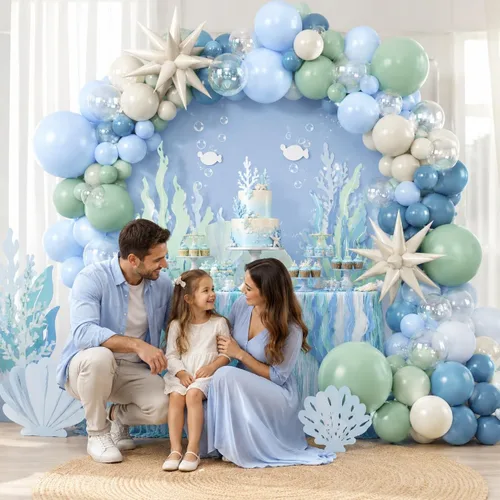 Vista 5 de Kit de guirnalda de arco de globos bajo el mar con globos de papel de aluminio de estrella azul polvoriento, verde pastel, arena y blanco