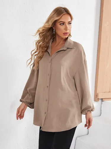 Vista 4 de MakeMeChic Women's Maternity Shirts Casual Lantern Sleeve Button Down Shirt Blouse with Belt