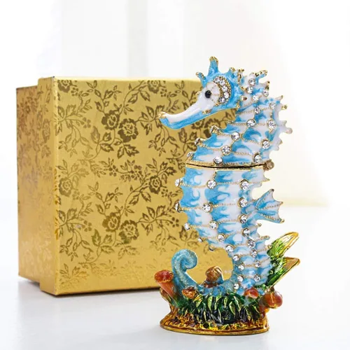 Vista 8 de YU FENG Caja de baratijas de caballito de mar con bisagras y figura de león de cristal coleccionable
