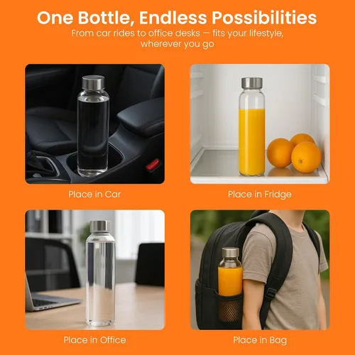 Vista 2 de Epica Botellas de vidrio con tapas: botellas de agua de 17.5 onzas, botellas de jugo de vidrio reutilizables con tapas para almacenar jugos, botella
