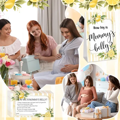 Vista 37 de Sabary 64 Piezas Juegos de Baby Shower Incluyen Letrero How Big is Mommy's Belly Sign Measure Bump Game 50 Tarjetas 10 Lápices 3 Cintas Métricas