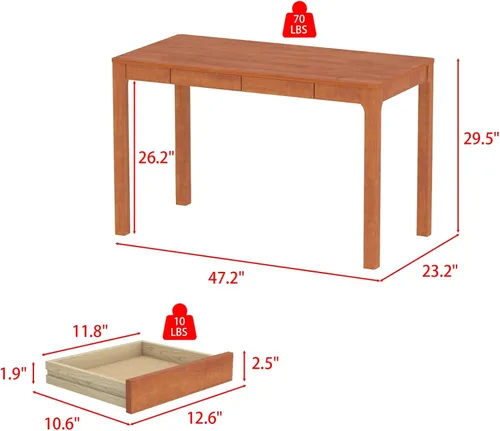 Vista 2 de FUFU&GAGA Escritorio de oficina de 47 pulgadas, escritorio rectangular para computadora con 2 cajones, patas de madera maciza, mesa de escritura