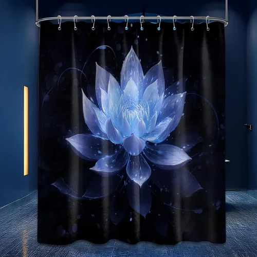 Vista 66 de Cortina de ducha con flores de loto negro y azul para decoración de baño, juego de cortinas decorativas de baño con estampado floral, tela