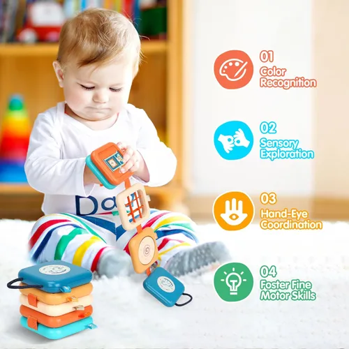 Vista 2 de Tablero de actividades para niños de 1 año, juguetes de viaje para niños pequeños de 1 a 3 años en avión, tablero Montessori ocupado cubo ocupado