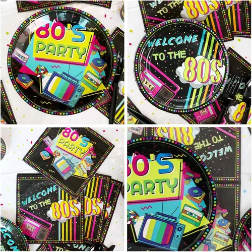 Vista 5 de Suministros para fiestas de los años 80, 61 platos, servilletas, manteles para decoraciones de fiesta de regreso a los años 80, sirve para 20
