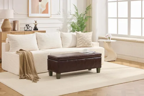 Vista 2 de 41" Storage Ottoman, Storage Bench with Safety Hinge, Upholstered Synthetic Leather Ottoman Bench for Bedroom, Living Room, Entryway, Hallway, Foot